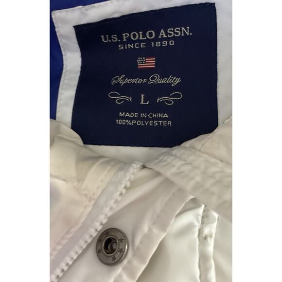 US Polo Association White Sz L Puffer Full Zip Snap blue Embroidered Pony Coat - Picture 5 of 11